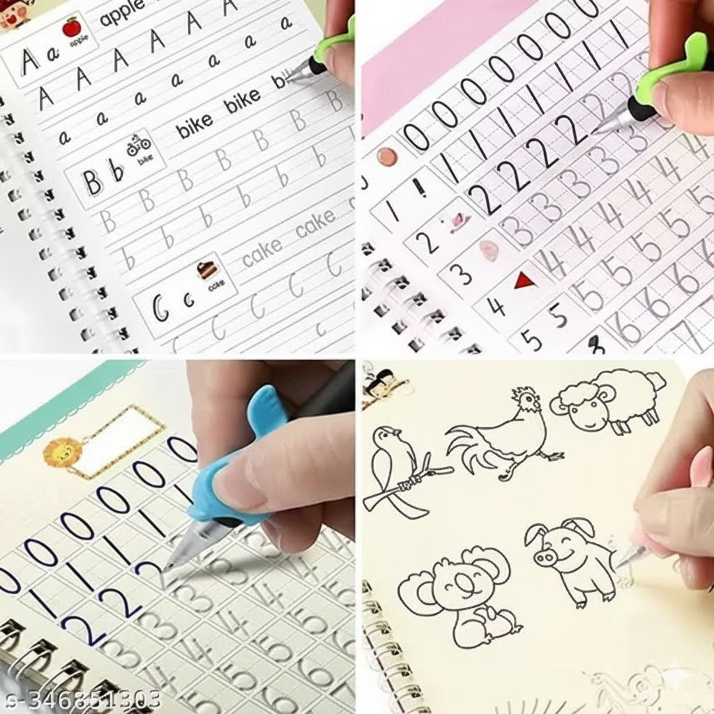 Magic Ink Reusable Copybook Set – 4-in-1 Handwriting Practice Kit for Kids (Math, Alphabet, Numbers & Drawing)