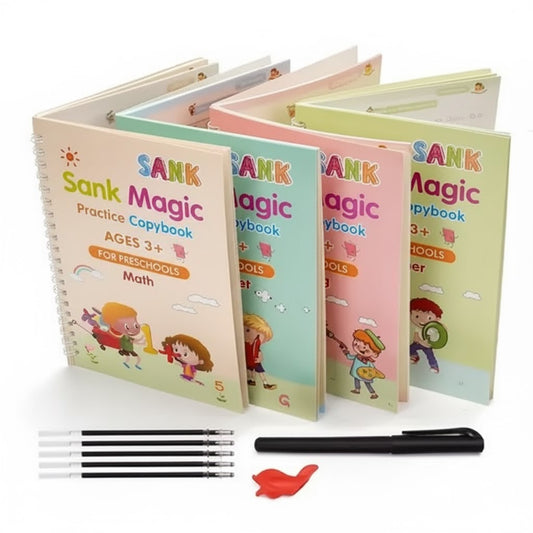 Magic Ink Reusable Copybook Set – 4-in-1 Handwriting Practice Kit for Kids (Math, Alphabet, Numbers & Drawing)