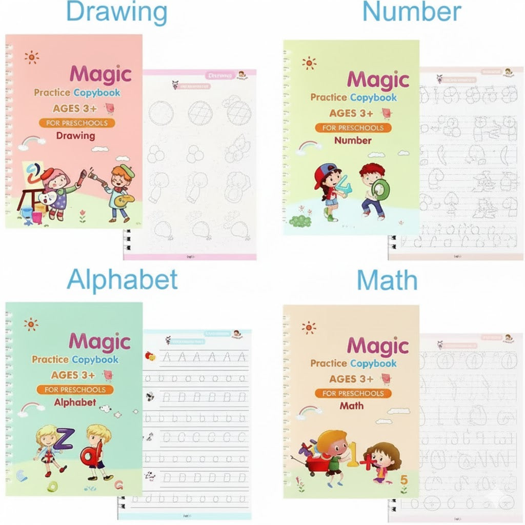 Magic Ink Reusable Copybook Set – 4-in-1 Handwriting Practice Kit for Kids (Math, Alphabet, Numbers & Drawing)