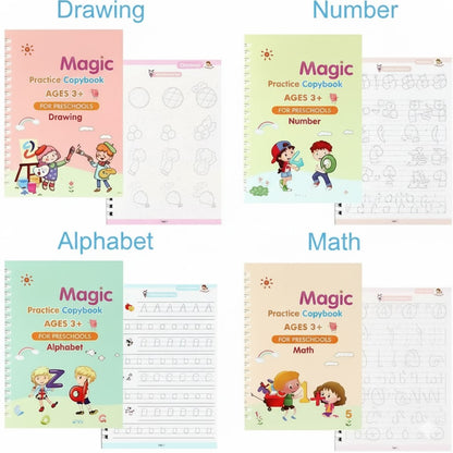 Magic Ink Reusable Copybook Set – 4-in-1 Handwriting Practice Kit for Kids (Math, Alphabet, Numbers & Drawing)